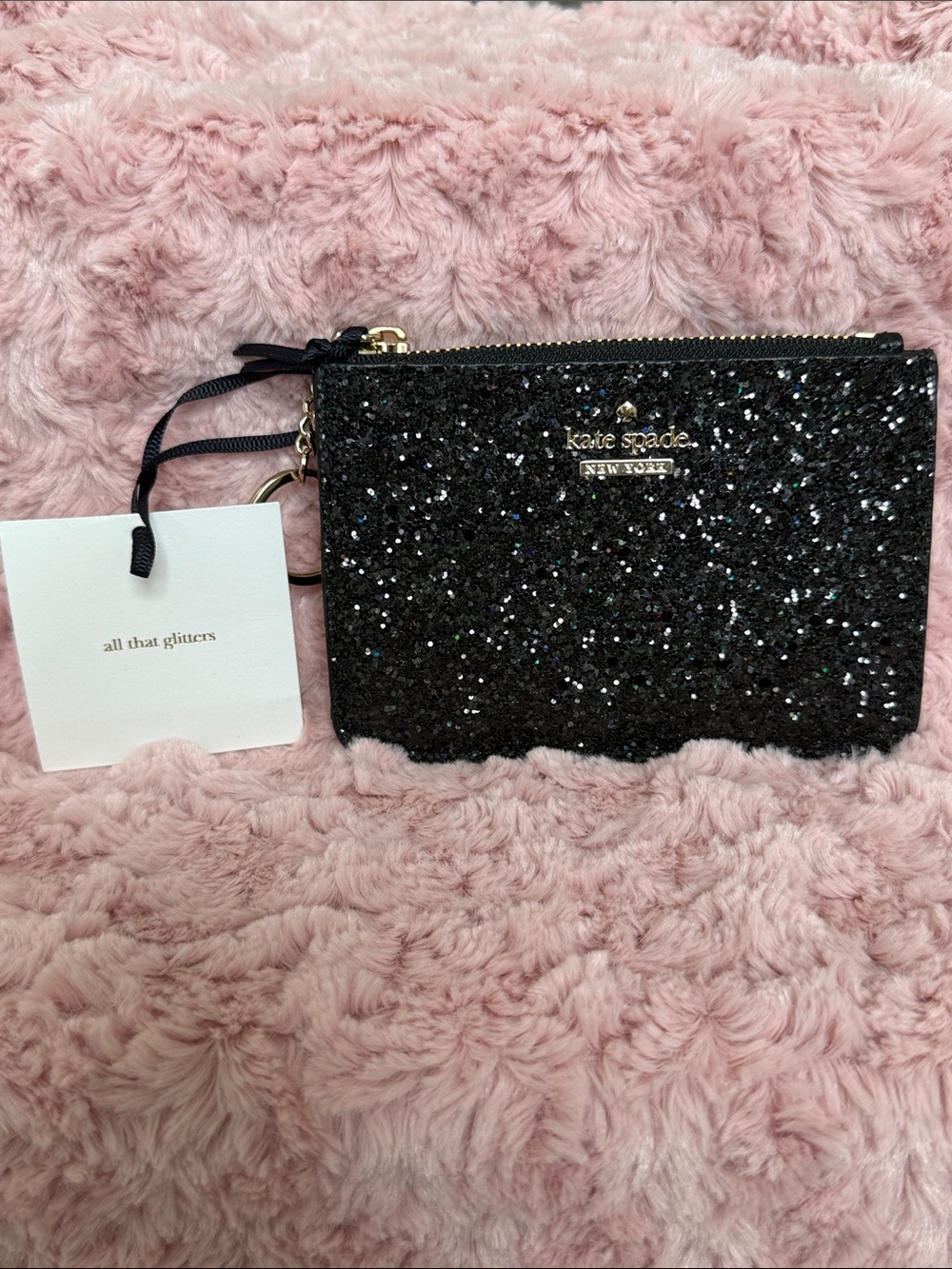 NWT Kate Spade Black Glitter Wristlet Card Case with Gold Hardware